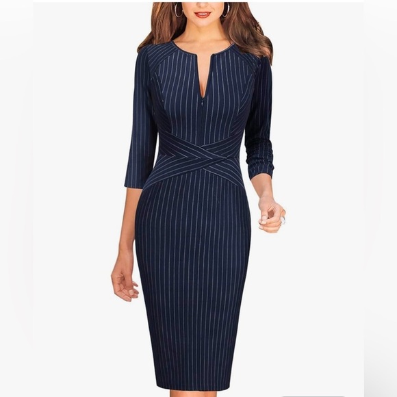 VFSHOW size M flattering Slim Zipper navy & white pin stripe stretch Dress midi - Picture 1 of 10
